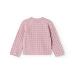Pink knit cardigan for baby with round neckline, button closure, and fine knit pattern.