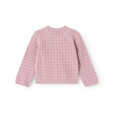 Pink knit cardigan for baby with round neckline, button closure, and fine knit pattern.
