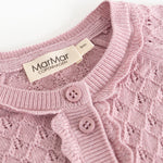 Pink knit cardigan with ribbed edge, buttons and MarrMar Copenhagen label at the neckline.