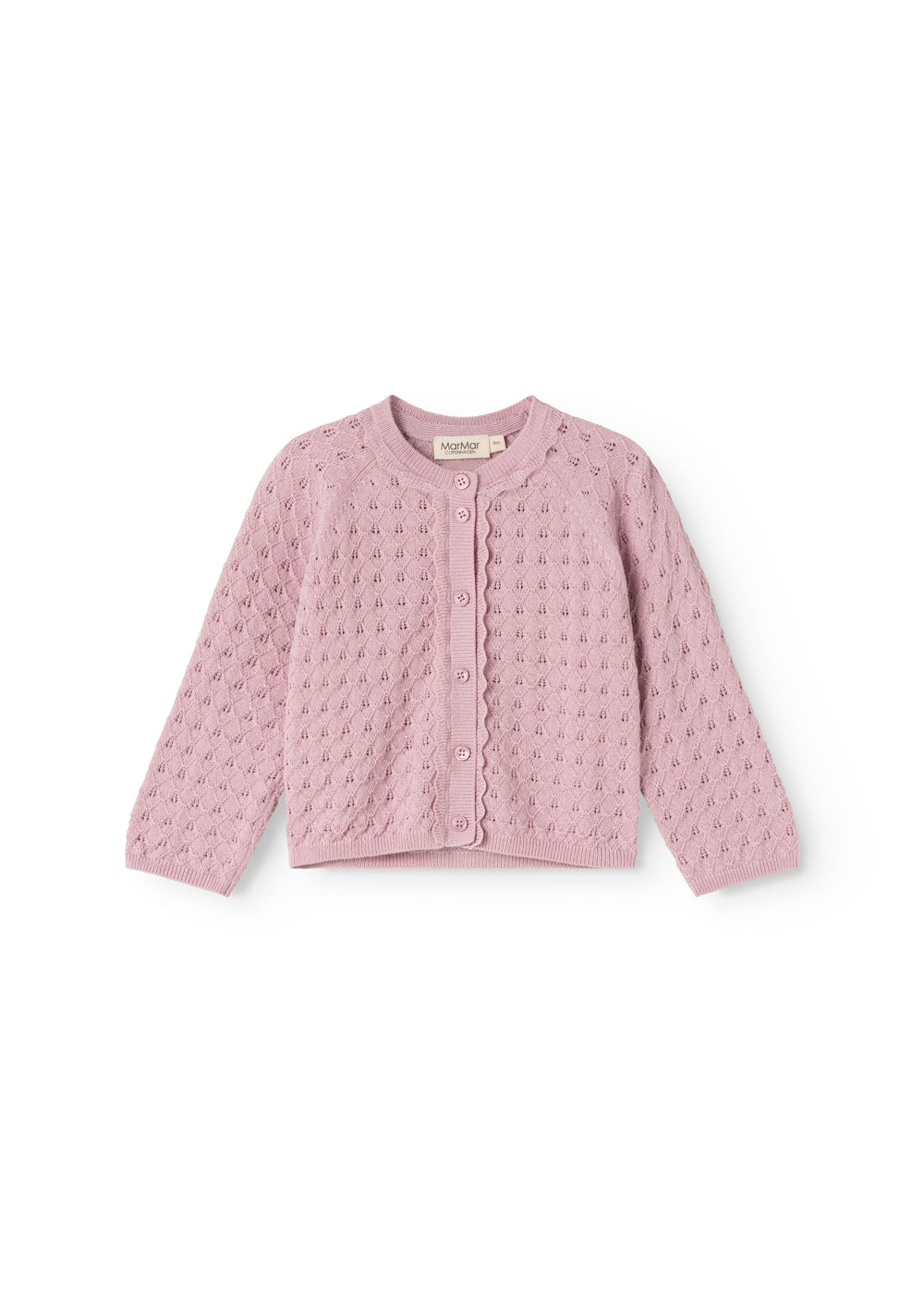 Pink knit cardigan for baby with front snap closure and round neckline.