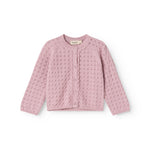 Pink knit cardigan for baby with front snap closure and round neckline.