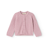 Pink knit cardigan for baby with front snap closure and round neckline.