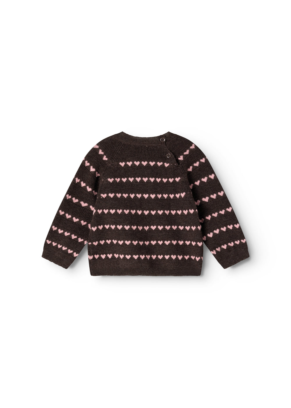 Sort striped blouse with pink heart pattern and button closure at the neck.