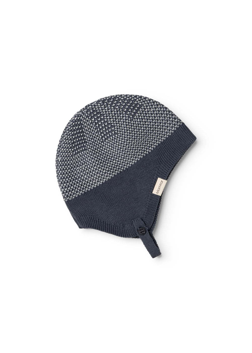 Blue striped hood in a patterned stripe with a wide stripe and a button detail on the side.