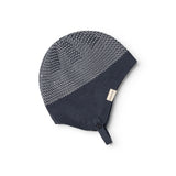 Blue striped hood in a patterned stripe with a wide stripe and a button detail on the side.