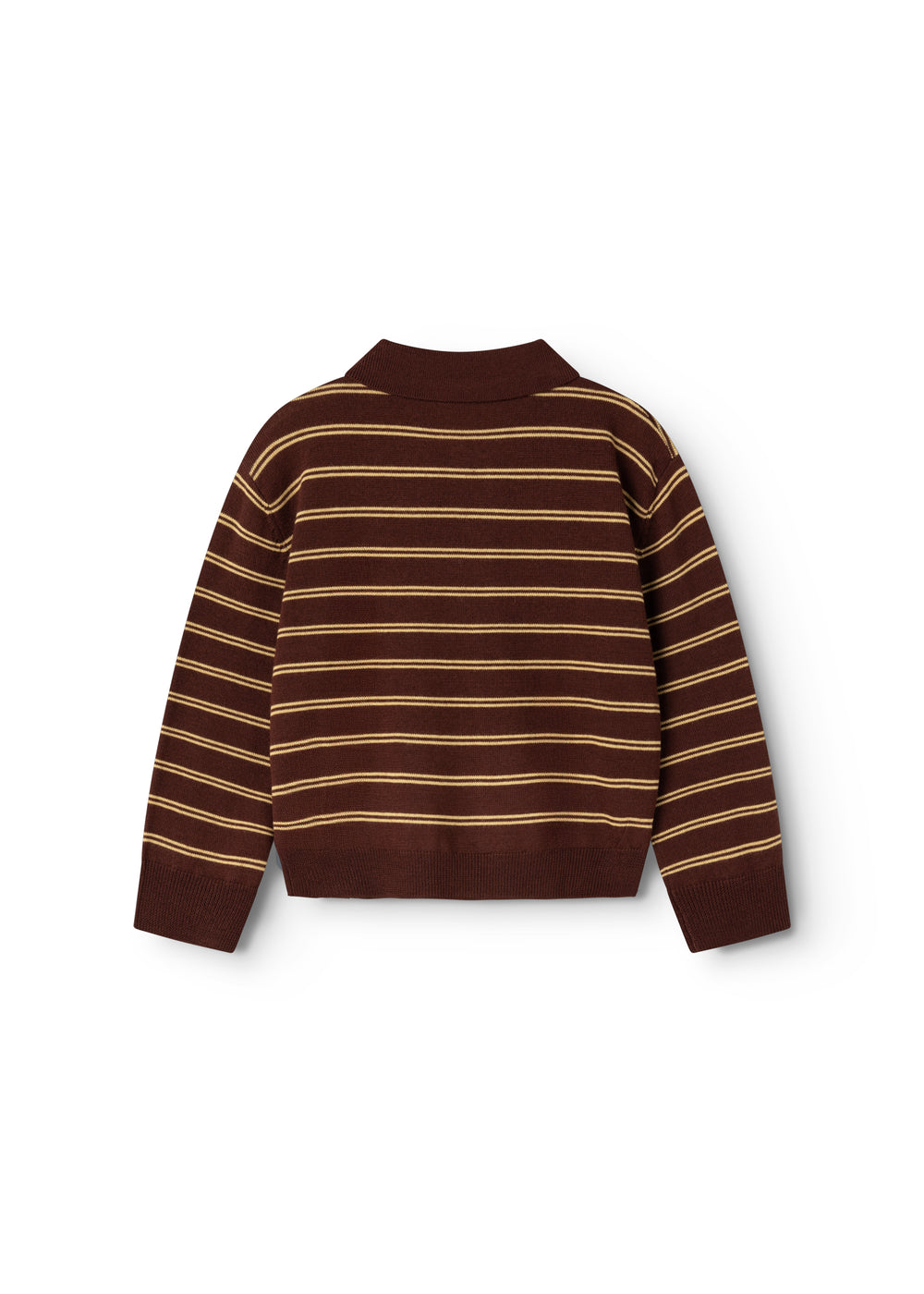 Brown striped polo shirt with ribbed sleeves and ribbed cuffs.
