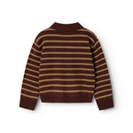 Brown striped polo shirt with ribbed sleeves and ribbed cuffs.
