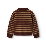 Brown striped polo shirt with ribbed sleeves and ribbed cuffs.