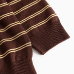Dark brown striped knit polo with ribbed cuffs and collar edges