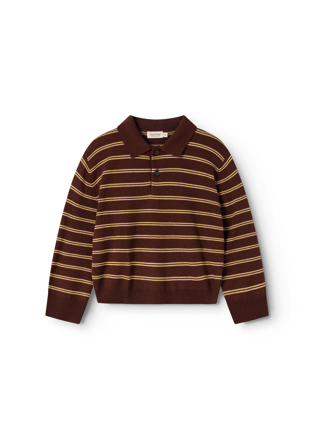 Brown striped polo with horizontal beige stripes and button placket.