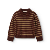 Brown striped polo with horizontal beige stripes and button placket.