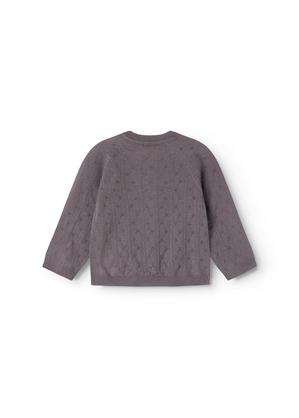 Dark purple knitted cardigan set from the back with a round neckline.