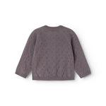 Dark purple knitted cardigan set from the back with a round neckline.