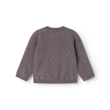 Dark purple knitted cardigan set from the back with a round neckline.