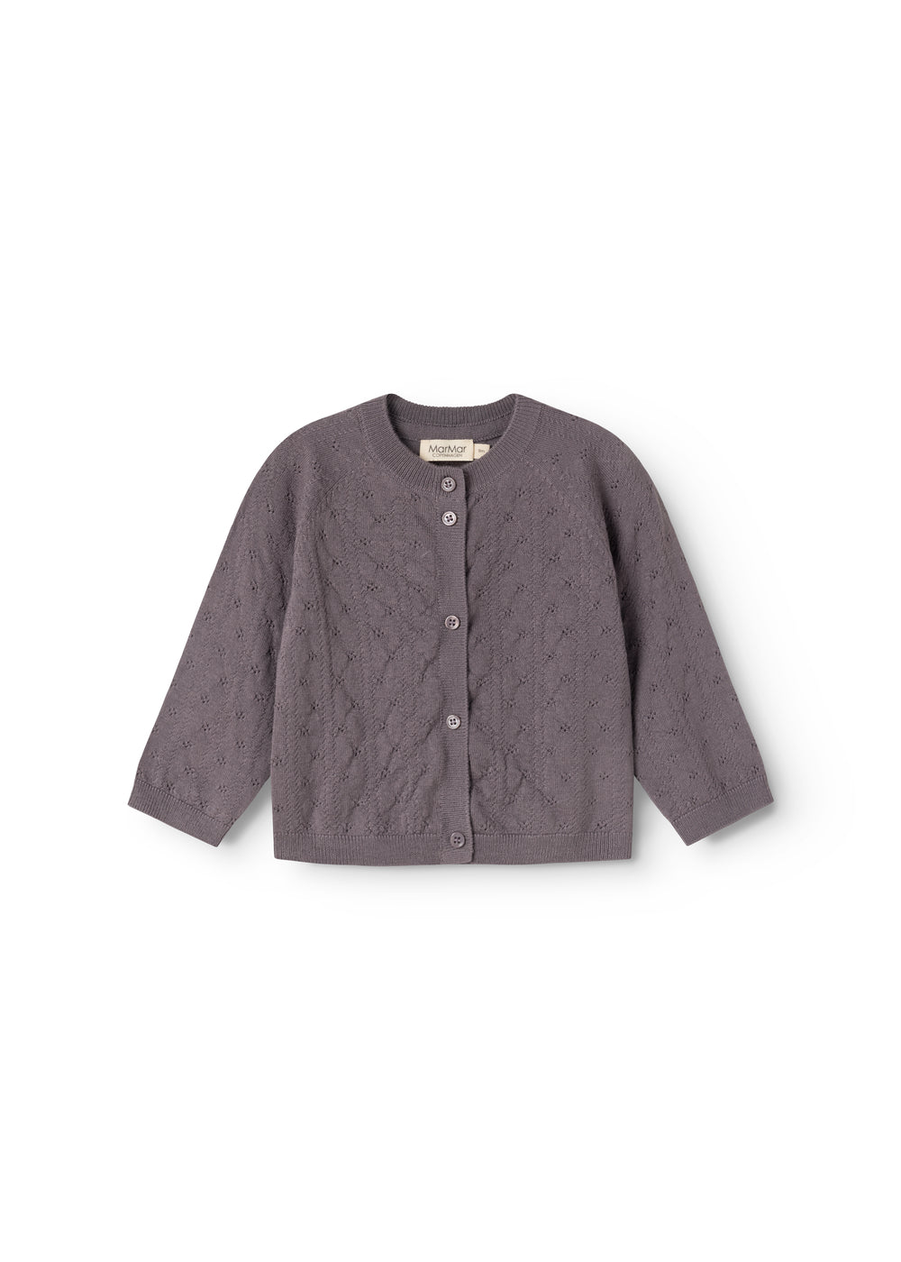Dark purple knitted cardigan with button closure and long sleeves