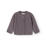 Dark purple knitted cardigan with button closure and long sleeves