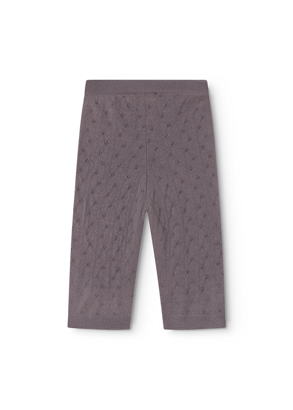 Dark purple knit trousers with a dotted knit pattern and straight legs.