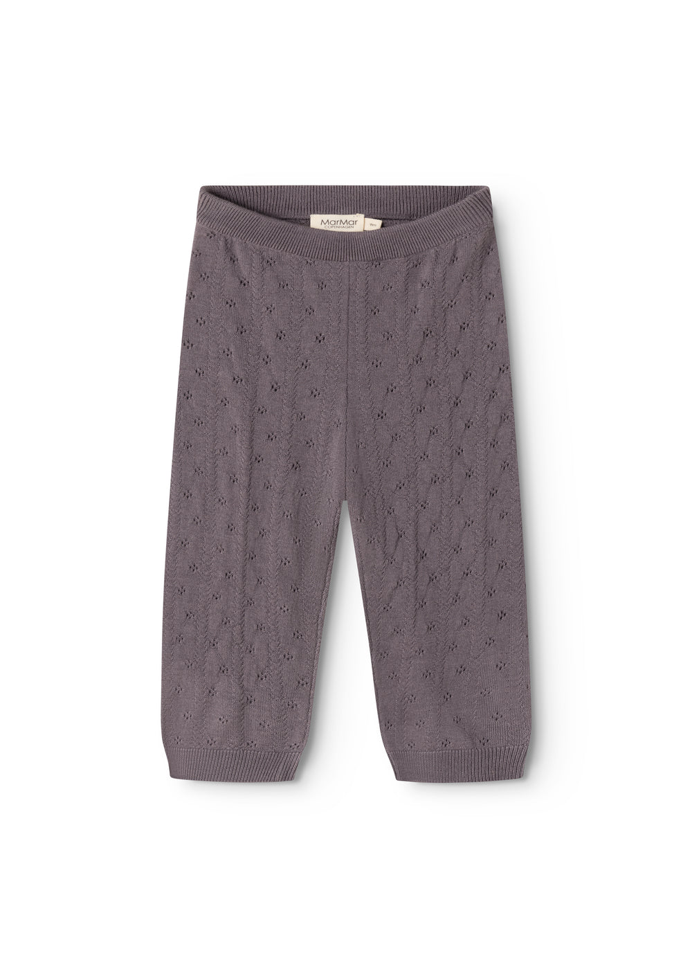 Dark purple knit trousers with elastic waistband and repeated polka‑dot/embossed pattern.