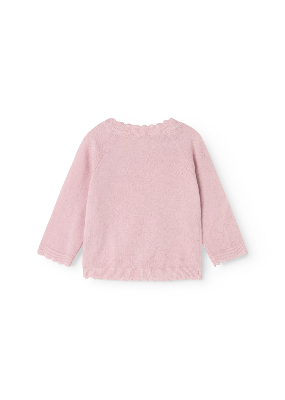 Pink knit cardigan set from the back with round neck and ribbed edges on sleeves and hem.