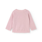 Pink knit cardigan set from the back with round neck and ribbed edges on sleeves and hem.