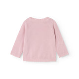 Pink knit cardigan set from the back with round neck and ribbed edges on sleeves and hem.