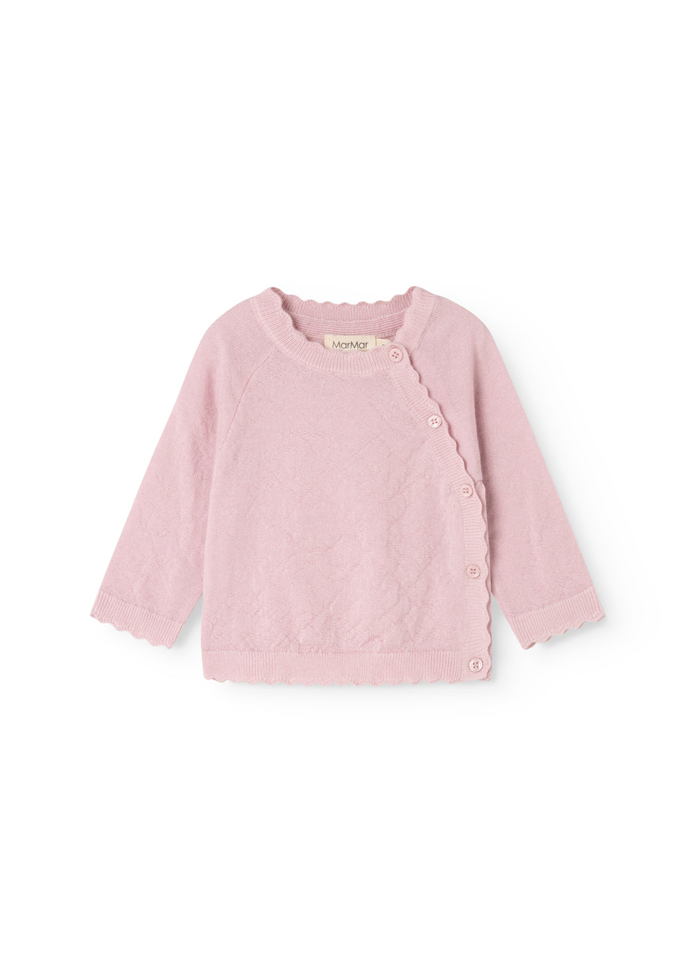 Pink knit cardigan with button closure and long sleeves, ribbed hem.