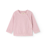 Pink knit cardigan with button closure and long sleeves, ribbed hem.