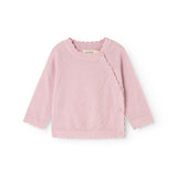 Pink knit cardigan with button closure and long sleeves, ribbed hem.