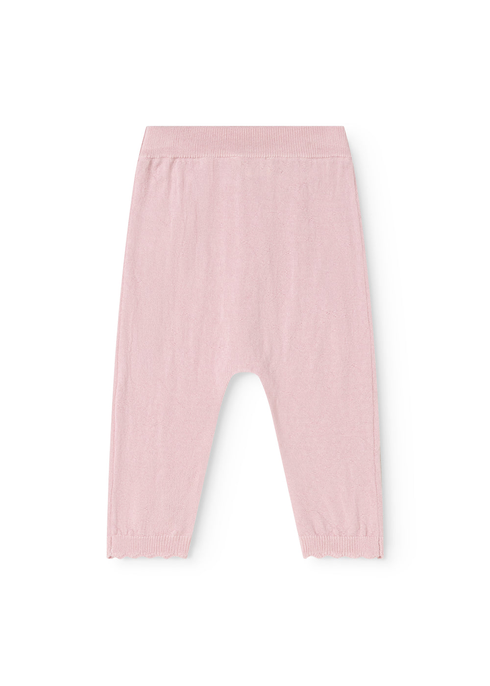 Pink knit trousers with elastic waist and relaxed fit.