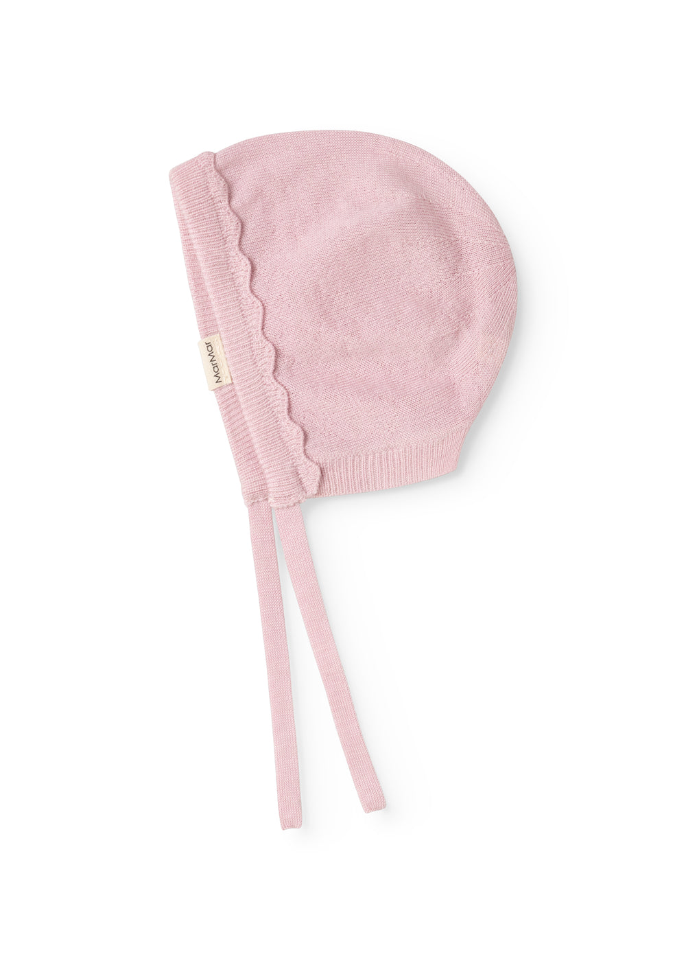 Pink knit cap in knit with wave edge and two drawstrings