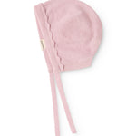 Pink knit cap in knit with wave edge and two drawstrings