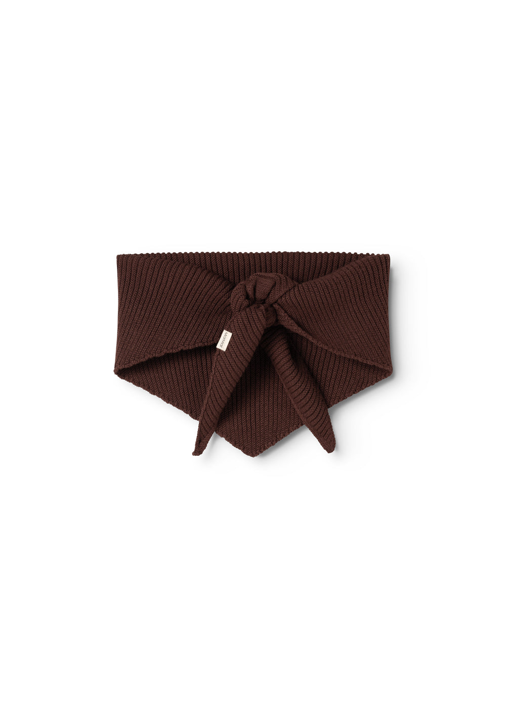 Dark wine-red knitted scarf with knot and long tips.