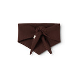 Dark wine-red knitted scarf with knot and long tips.