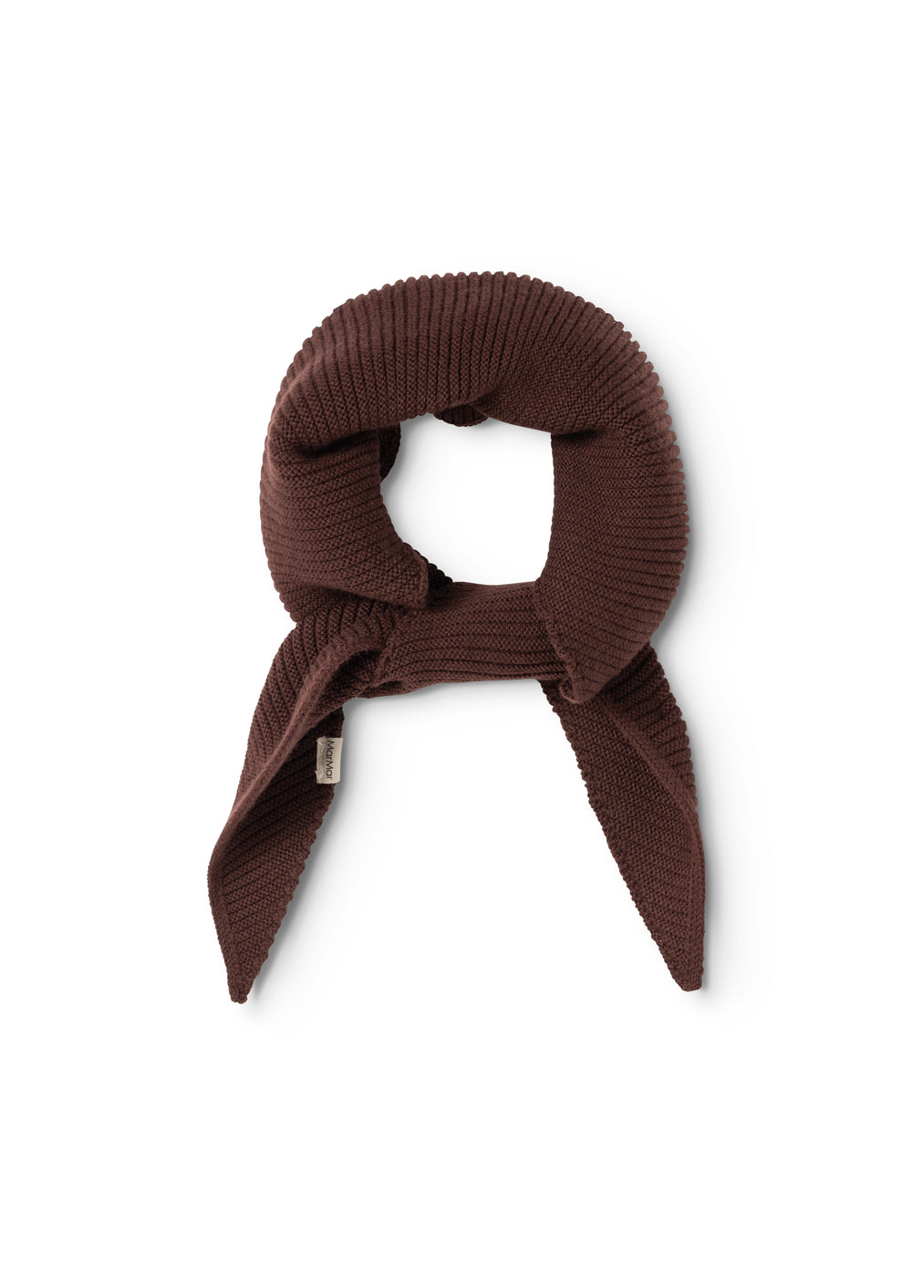 Dark wine-red knitted scarf twisted in a loop with long points.