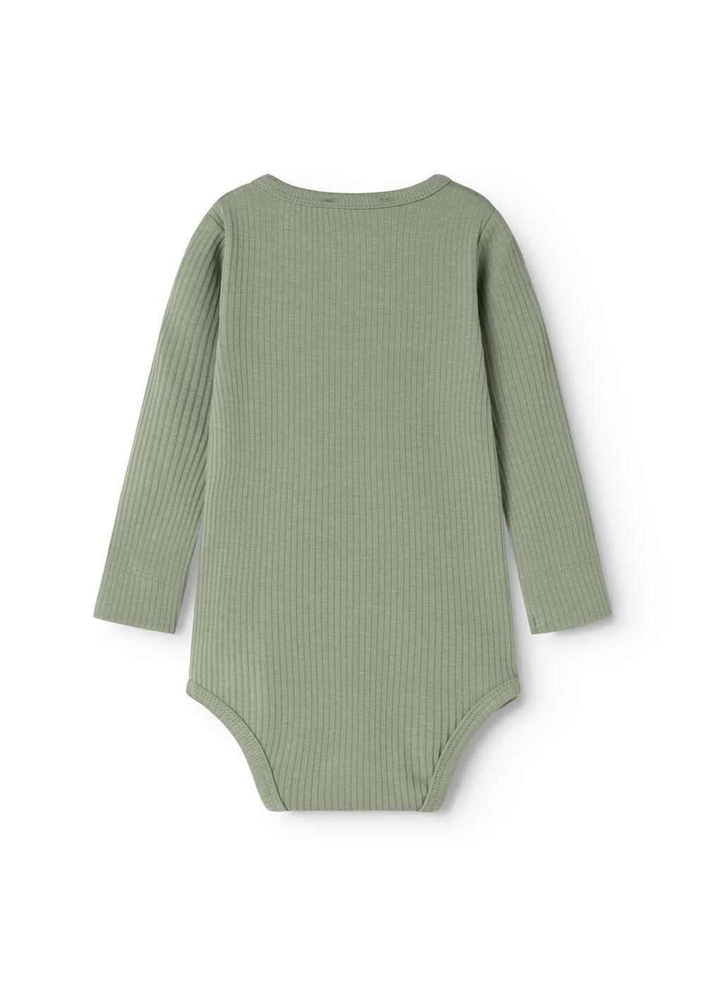 Long-sleeve bodysuit in frost green ribbed fabric seen from the back with a round neckline