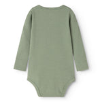 Long-sleeve bodysuit in frost green ribbed fabric seen from the back with a round neckline