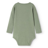 Long-sleeve bodysuit in frost green ribbed fabric seen from the back with a round neckline