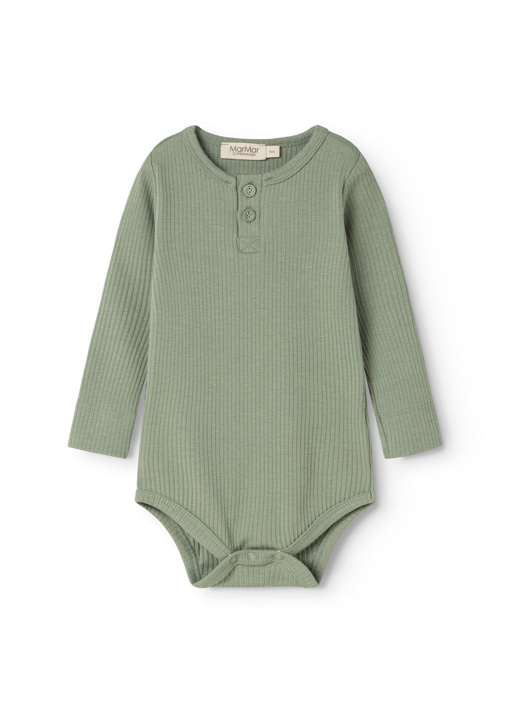 Long-sleeved bodysuit in frost green ribbed fabric with long sleeves and front button closure