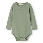 Long-sleeved bodysuit in frost green ribbed fabric with long sleeves and front button closure