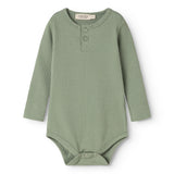 Long-sleeved bodysuit in frost green ribbed fabric with long sleeves and front button closure