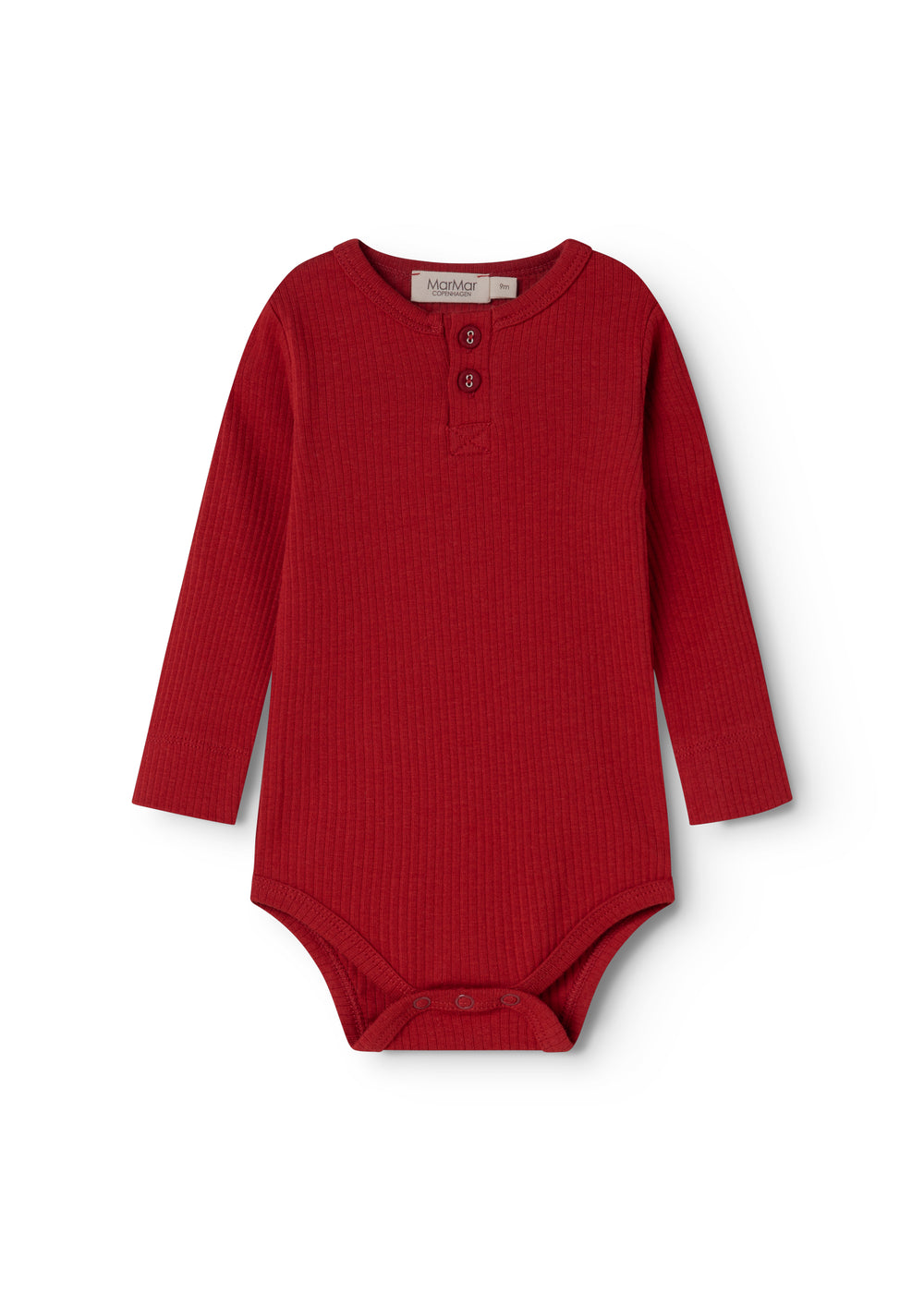 Red ribbed bodystocking with long sleeves and front button closure