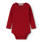 Red ribbed bodystocking with long sleeves and front button closure