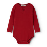 Red ribbed bodystocking with long sleeves and front button closure
