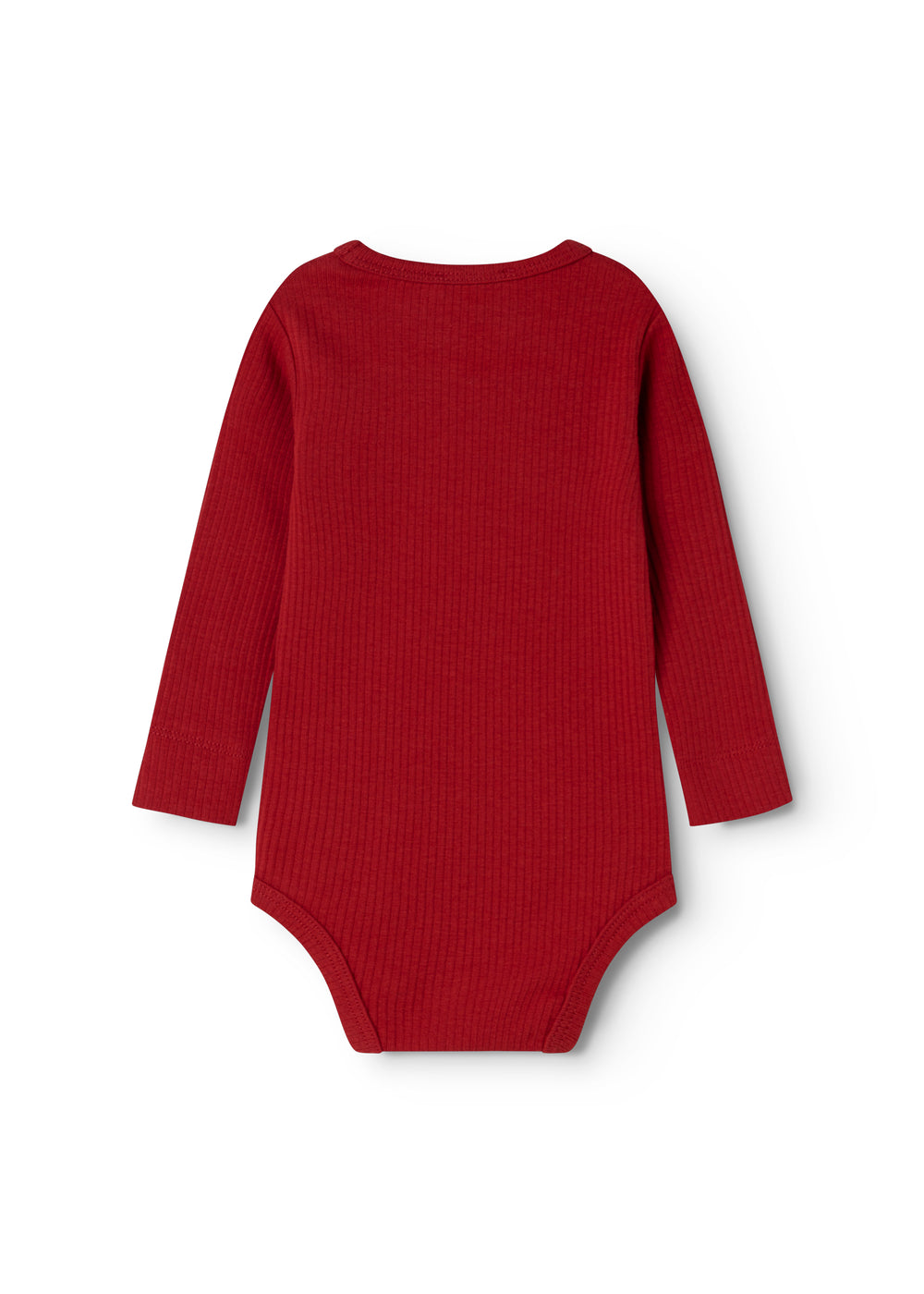 Red long-sleeved bodysuit with round neck in ribbed texture, back view