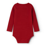 Red long-sleeved bodysuit with round neck in ribbed texture, back view