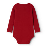Red long-sleeved bodysuit with round neck in ribbed texture, back view