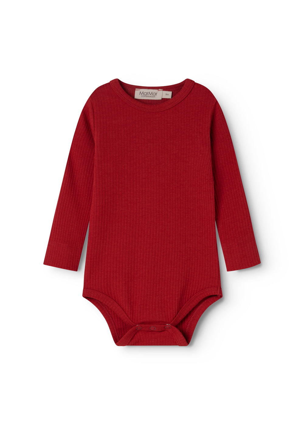 Red long-sleeve ribbed bodysuit with round neck and snap buttons at the bottom