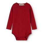 Red long-sleeve ribbed bodysuit with round neck and snap buttons at the bottom