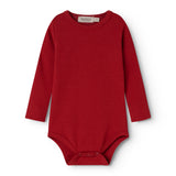Red long-sleeve ribbed bodysuit with round neck and snap buttons at the bottom