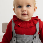 Gray melange knitted suspenders with buttons and gathered chest piece